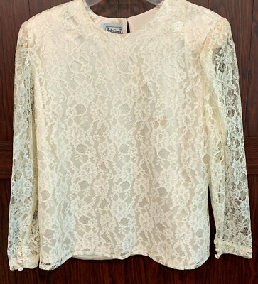 Vintage Notations Lace Top Long Sleeves Lined Keyhole Back Ivory Color Womens 12