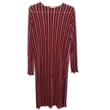 Zara Trafaluc Womens Small Red Black Striped Sheer Midi Dress Long Sleeves