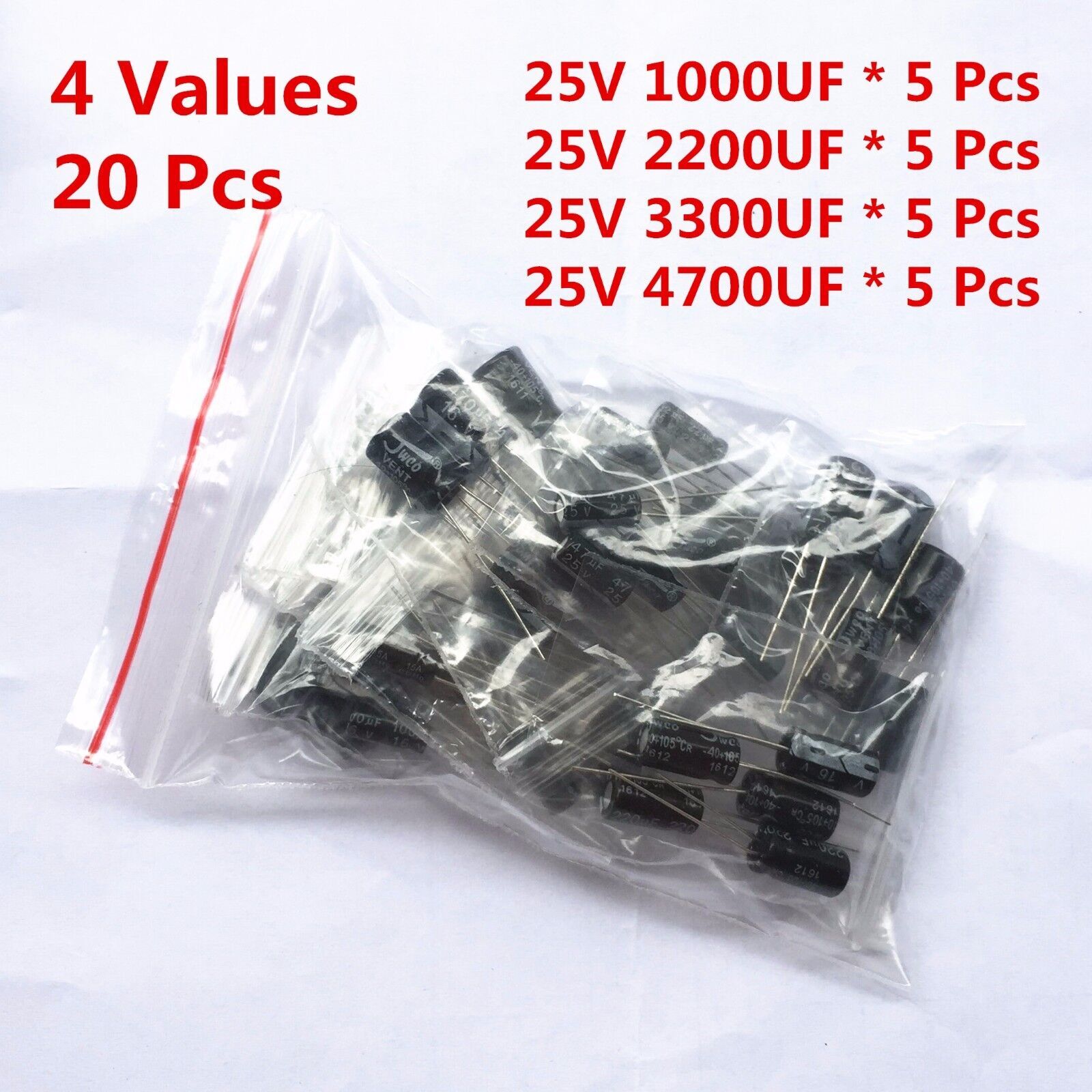 20Pcs 25V 1000UF 2200UF 3300UF 4700UF Electrolytic Capacitor Assorted Kit