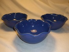 Set Of 3 Scalloped Ribbed Studio Pottery Bowls Glazed Blue