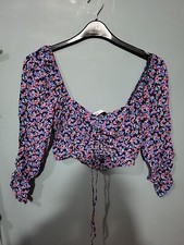 BNWT Zara Size M Medium Blue Floral Cropped Off Shoulder Bardot Top (524/96/v)