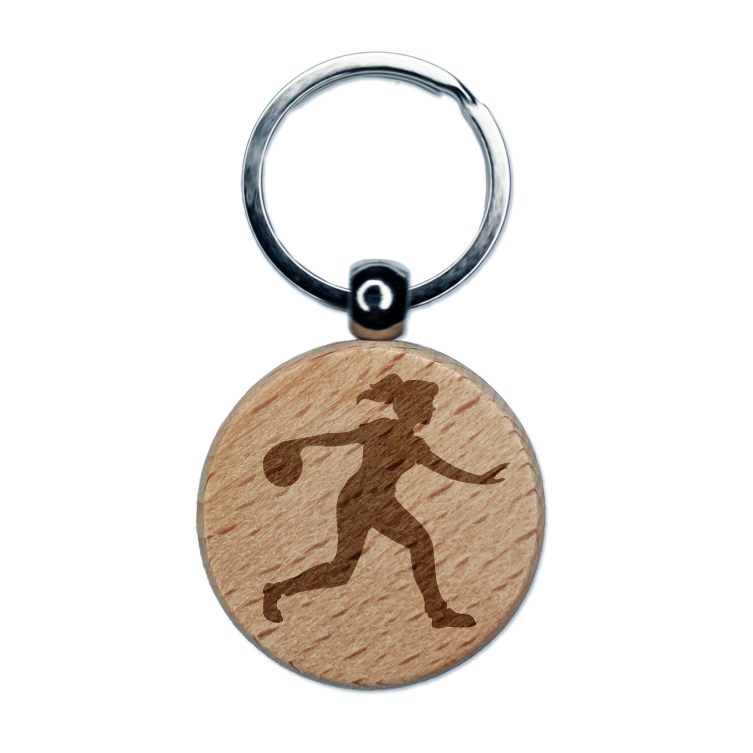 Engraved Wood Keychain of Woman Bowler with Bowling Ball Side View