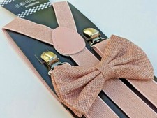 Peach Glitter Suspenders Shiny Bow Tie Set Classic Dance Tuxedo Combo Rose Gold