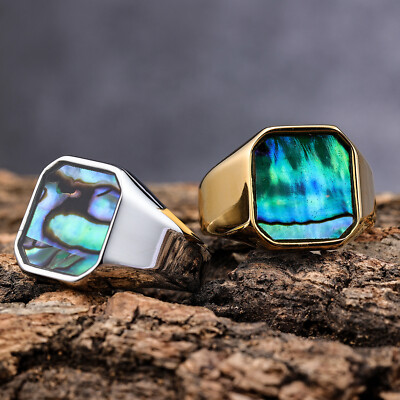 Men Women Unique Natural Ablone Shell Wedding Ring Stainless Steel Classic Ring