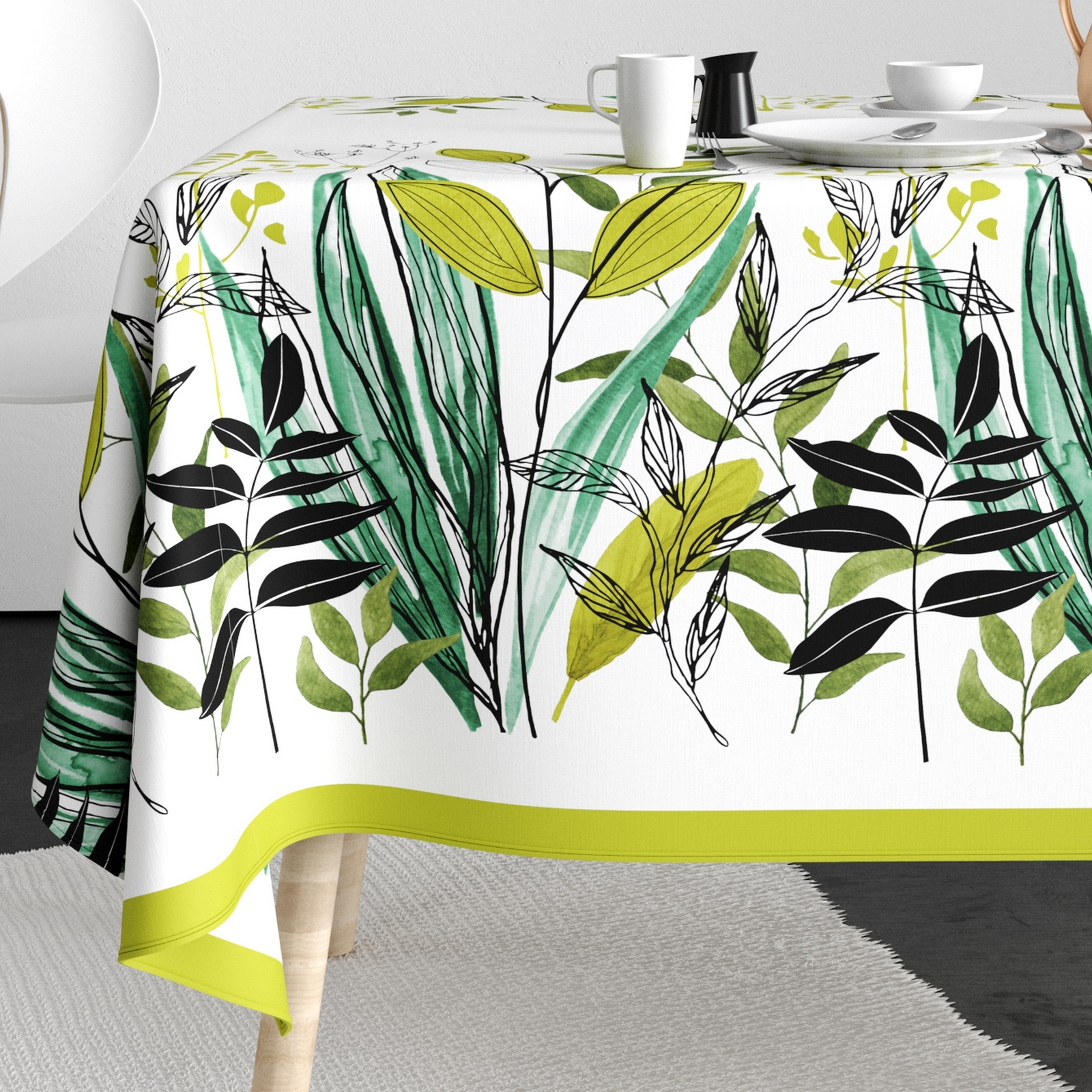 Nappe anti tache rectangulaire 140x250 cm coton Herbier vert