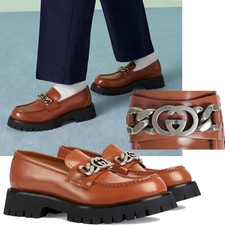 GUCCI SHOES MENS MOC TOE LUG SOLE MOCCASINS LOAFERS w LOGO $1,190 sz 7.5 US 8