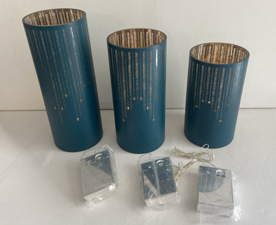 3 Valerie Parr Starry Nights Teal Blue Hurricanes Candle Holders Twinkle Lights