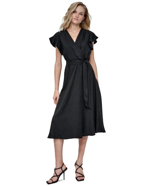 DKNY Women's Flutter Sleeve Tie Fit and Flare Midi Dress Black (A3-A1)