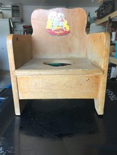 VINTAGE POTTY CHAIR WOODEN HOMEMADE HORSE DECAL WITH CUP 16" TALL 12" WUDE 11" D