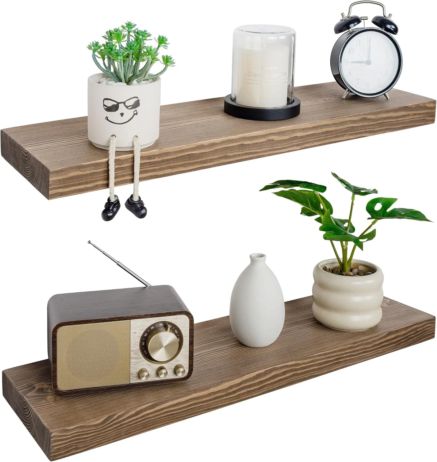 Set of 2 Walnut Floating Shelves - 30 Inch Rustic Solid Wood Wall Mounts