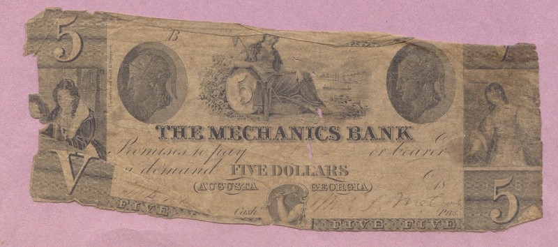 Obsolete, The Mechanics Bank, Augusta Georgia, GA,  $5 Five Dollars, Low Grade