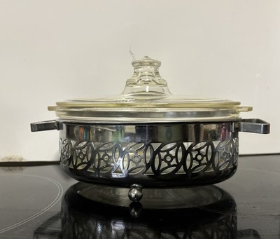 Vintage 1930er Pyrex Glas ovale Auflaufform mit geätztem Wiegenhalter & Deckel