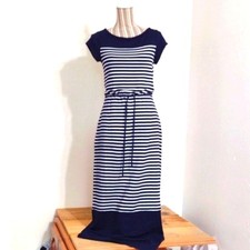 Talbots Navy Striped Jersey Knit Short Sleeve Drawstring Waist Maxi Dress Size S