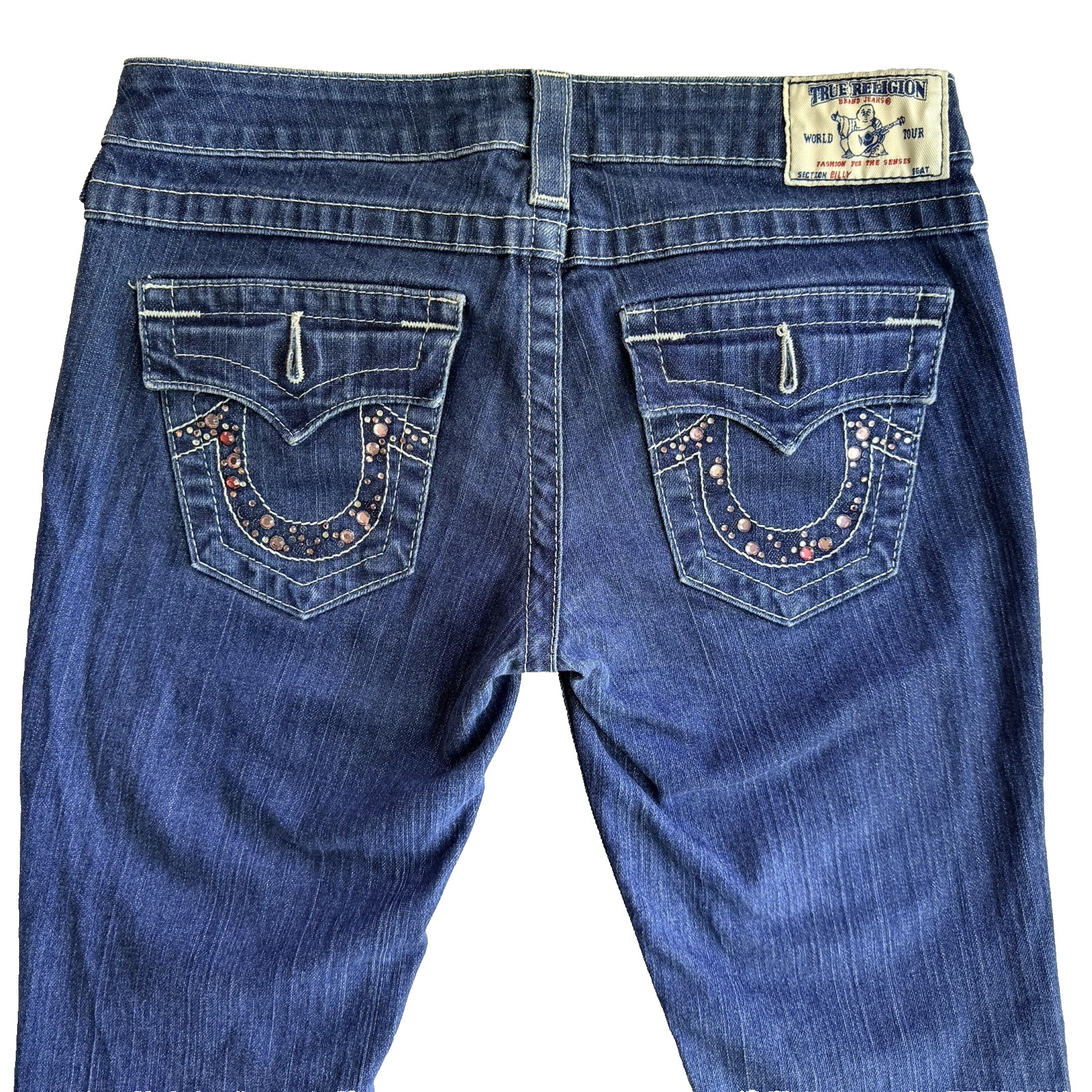 True Religion Flap Pocket Billy BootCut Low Rise Sz 28 Pink Rhinestone USA Y2K