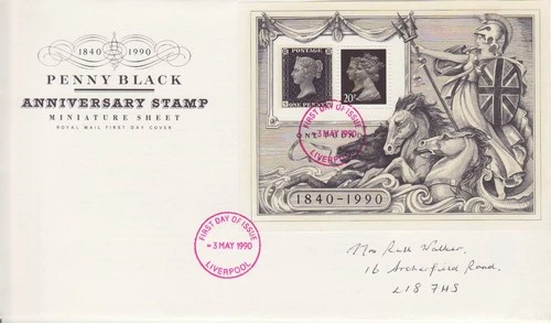 GB Stamps First Day Cover Stamp World MS, Penny Black seahorse, show CDS 1990