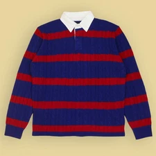 NWT Beams Plus Japan Blue/Red Striped Cable Knit Wool Rugby Shirt Sweater M