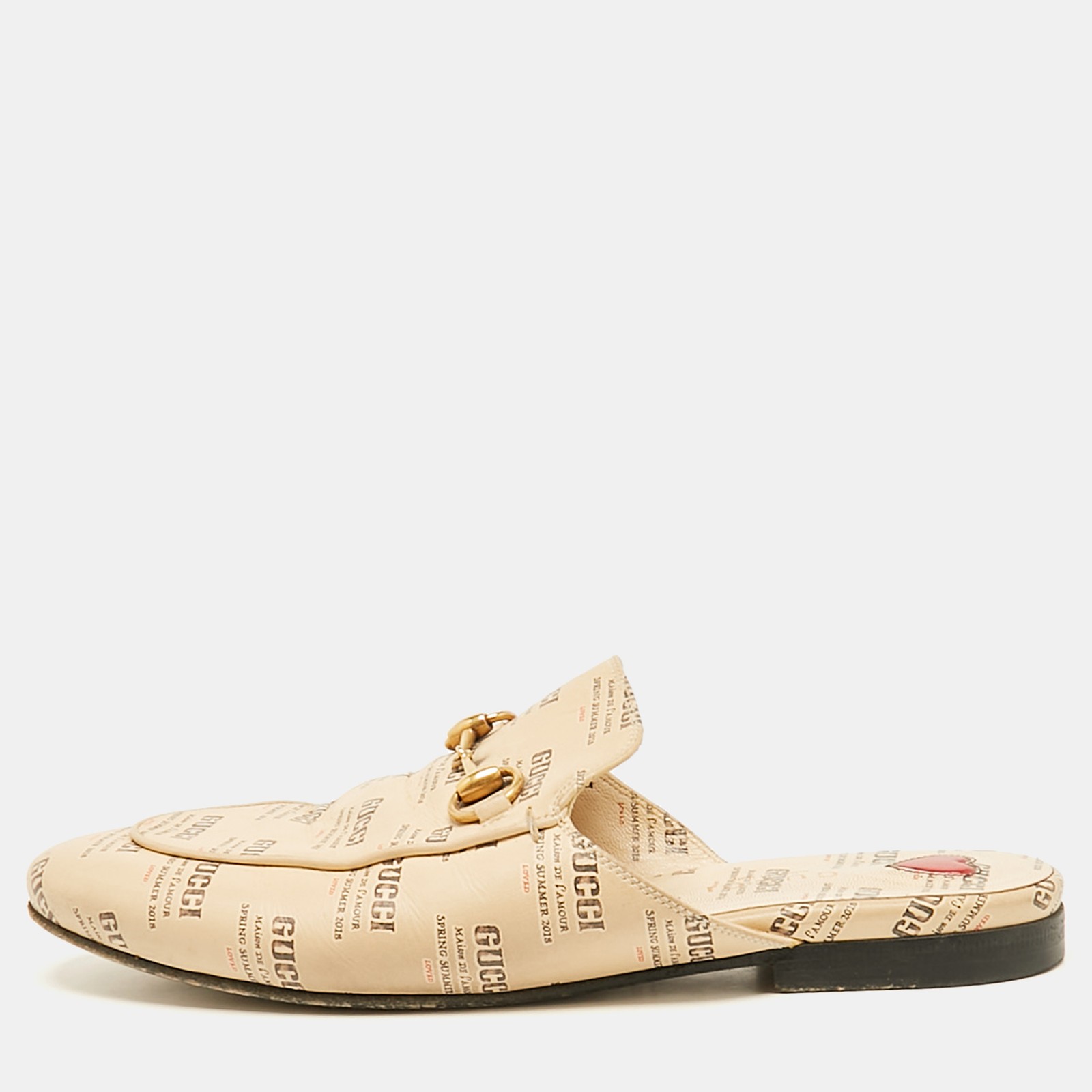 Gucci Beige Leather Princetown Mules with Logo Stamp Size 36