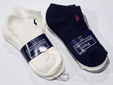 2 New Packs Boys Ralph Lauren POLO Blue Grey White Ankle Socks 4-7  6 Socks 