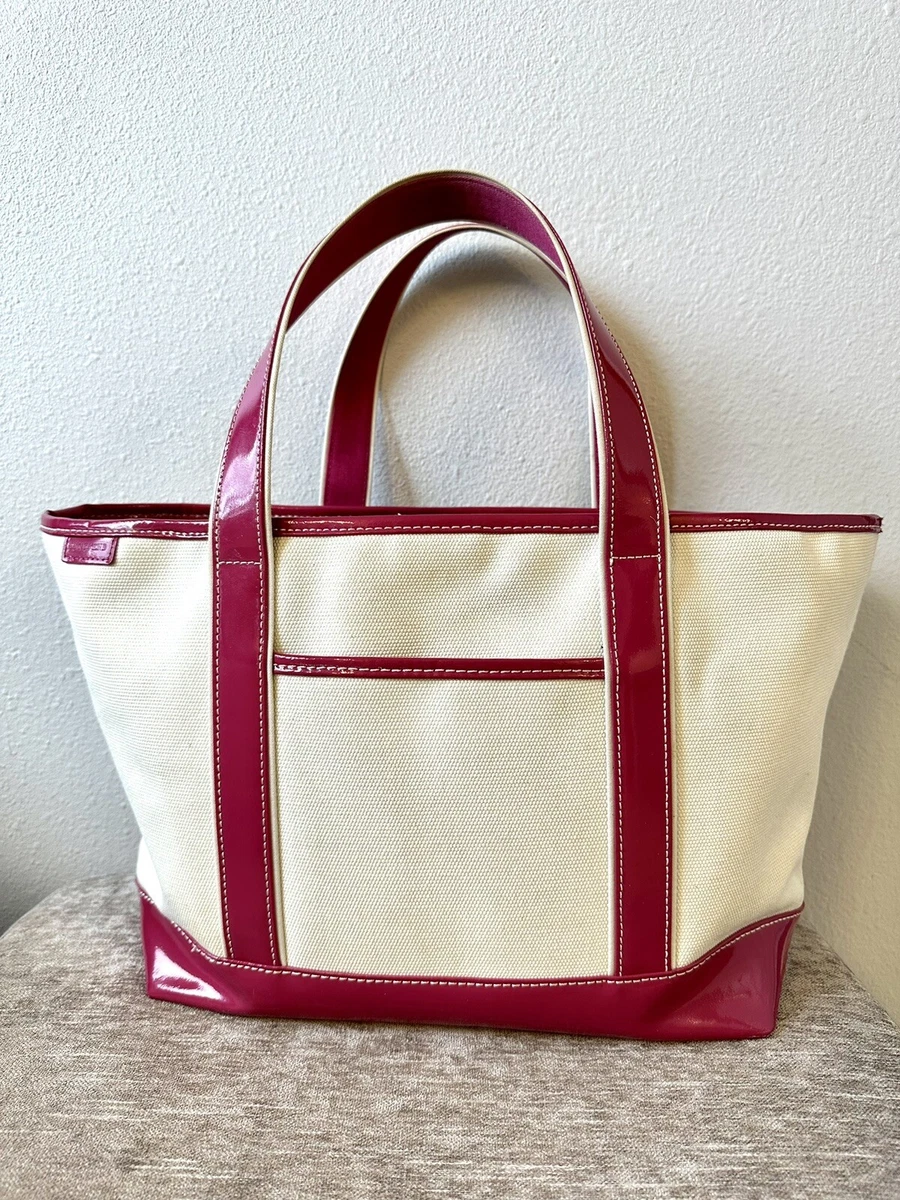 Rare LANDS END Canvas & PINK Leather TOTE BAG - open-top snap pockets MEDIUM