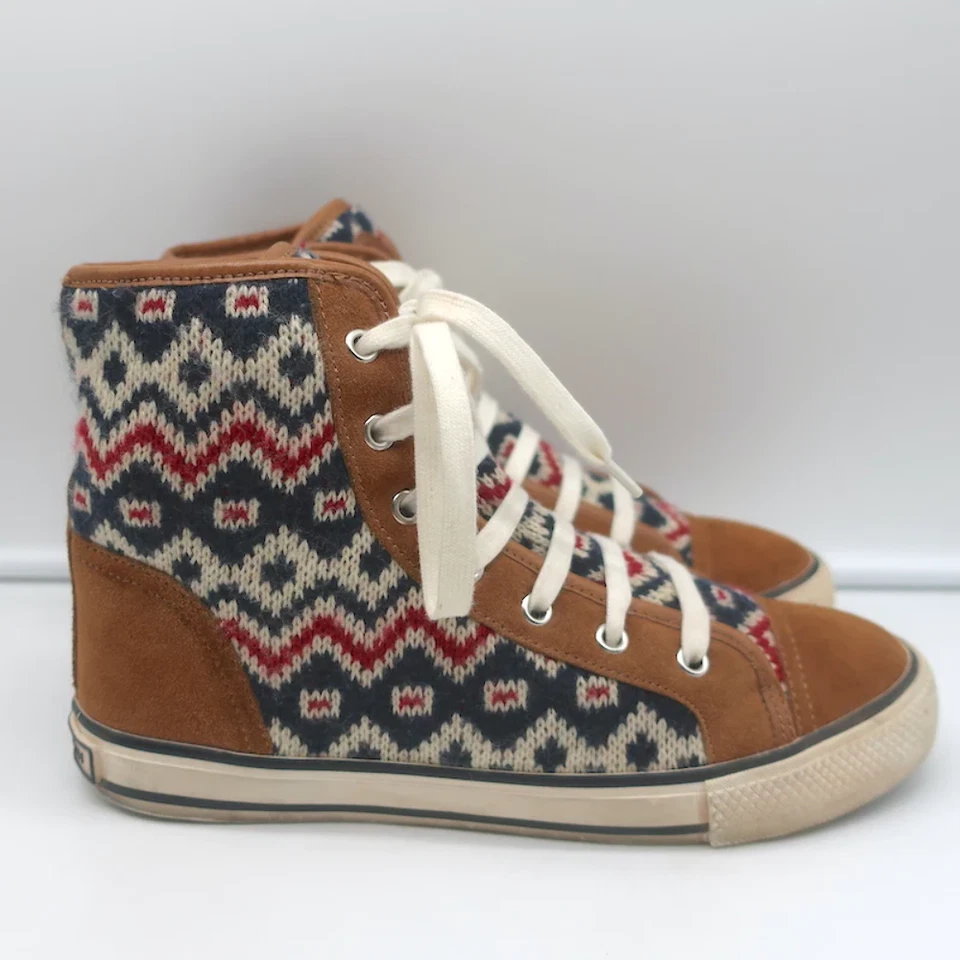 Tory Burch Noah Fair Isle Zapatillas Altas Tejidas Marrón Gamuza Talla 8 Foto 2 de 4