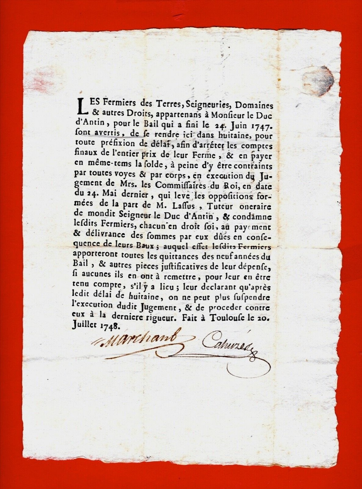 CT32-TAXES FERMIERS DES TERRES-FIN DE BAIL-[DUC D'ANTIN]-1747