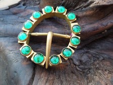 Vintage 12 Green Cabachon Gold Tone Belt Buckle