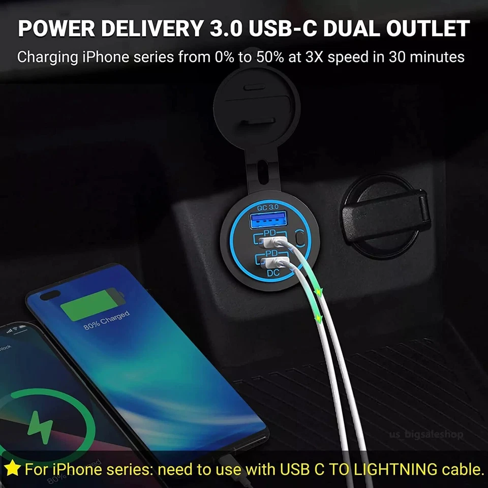 Type C Fast Car Charger PD & USB 3.0 3 Ports Outlet Socket 12-24V for Boat RV US - Image 4 of 4