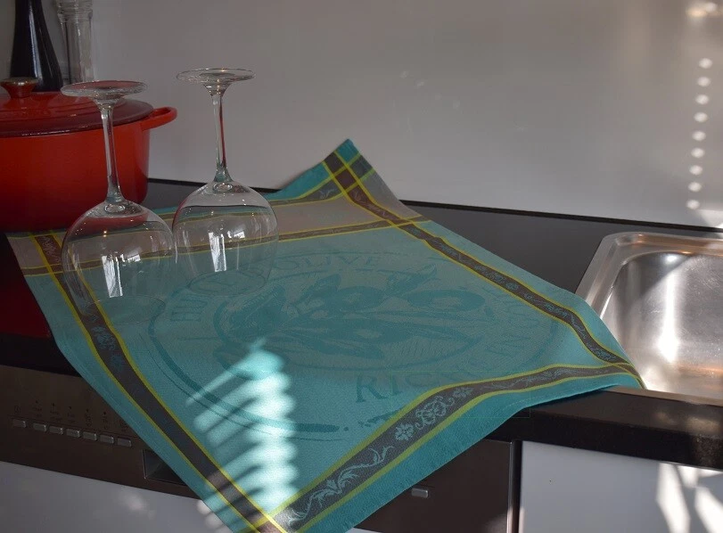 Geschirrtuch Baumwolle Jacquard 50x70 cm türkis mit Olivenmotiven aus Frankreich - Bild 3 von 4