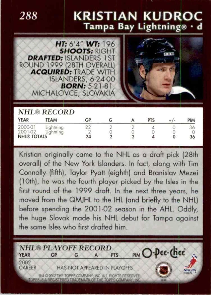 2002-03 O-Pee-Chee Kristian Kudroc #288 - Image 2 of 2