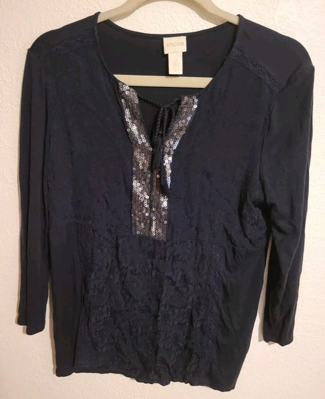 Chicos Womens Black Sequin Jacquard Peasant Top 3/4 Sleeve Sz 0 Bohemian Classic