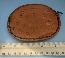 Vintage Embossed Leather Change Purse Weatern South Weat Theme Zipper Closure 