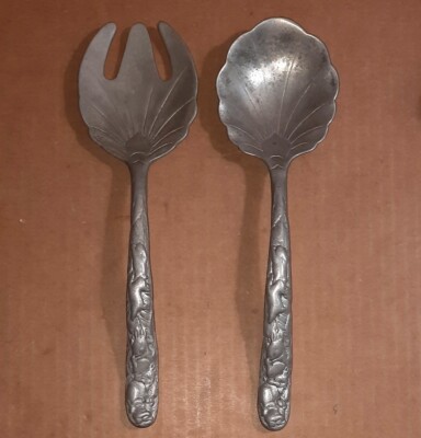 Utensils Salad Serving Set Fork Spoon Arthur Court 1990  Rabbit Bunny Aluminium
