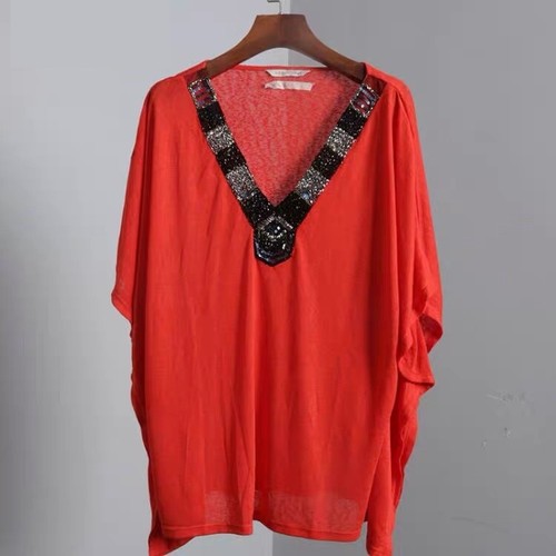 Soft Surroundings Red Black Beaded Poncho Top S/M L/XL Kimono V-Neck Drape Shirt - Picture 13 of 22
