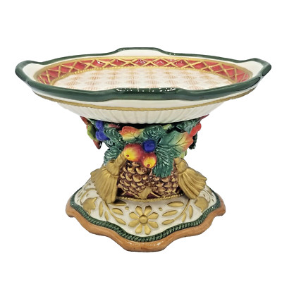 Fitz and Floyd Jolly Ole St Nick Christmas 8.5'' Pillar Candle/Cake Holder Holly
