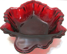 Vintage Anchor Hocking Glass Candy Dish Bowl Royal Ruby Red Maple Leaf 6 5/8