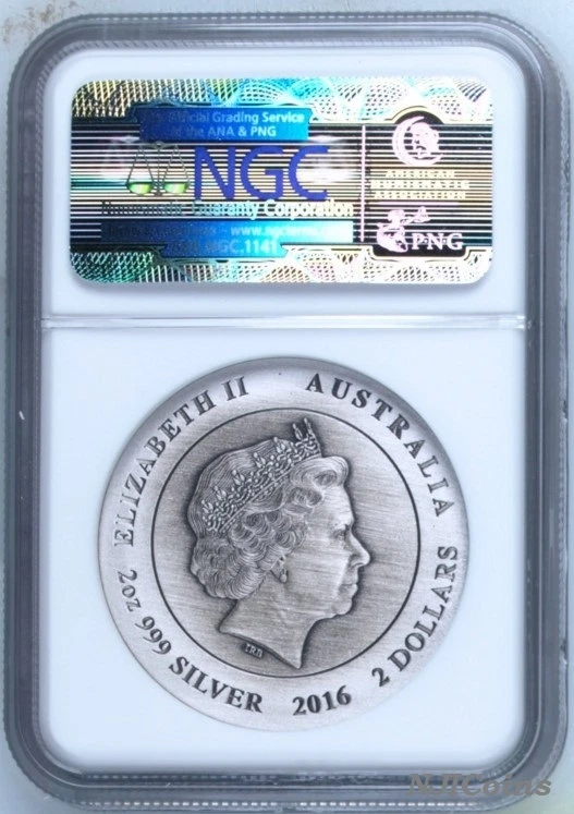 2016 P AUSTRALIA KANGAROO HIGH RELIEF ANTIQUED 2 Oz Silver $2 COIN NGC MS70 ER - Image 2 of 3
