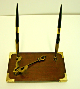 MCM Desk Set Brass Anchor Pen Holders Wood Base Military Nautical Pens Included