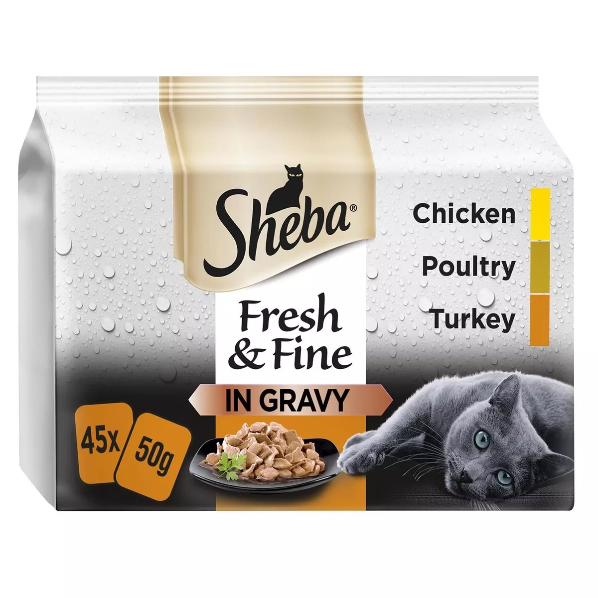 45 x 50g Sheba Fresh Fine Adult Wet Cat Food Pouches Mixed Poultry In Gravy