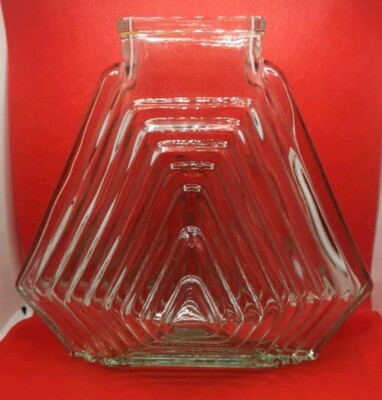 GEOMETRISCHE GRÜNE GLAS PYRAMIDENVASE 7,5'' hoch MODERNISTISCHER STIL BLENKO DUPE SEHR GUTER ZUSTAND
