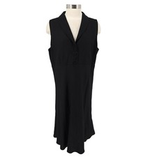 Sarah Spencer Fit Flare Midi Dress Black Linen Sleeveless Collar Button Women 16