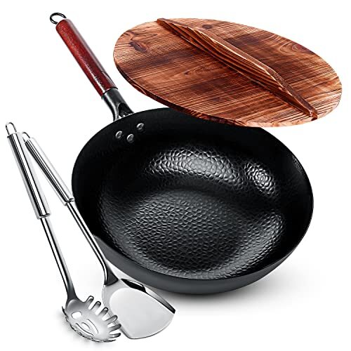 Wok Pan - 12.8" Woks and Stir Fry Pans, Carbon Steel Wok with Wooden Handle a...