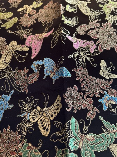 Oriental Asian Black Jewel Tone Fabric 3 Yards Metallic Brocade Butterfly - Picture 11 of 15