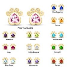 Paw Print Stud Earrings Simulated Birthstone  CZ 14K Yellow Gold Plated Silver