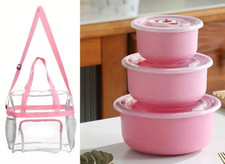 Clear bag Handbag With Side Bottle Pockets and A Set of Three Bowls Pink