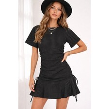 ASOS Short Sleeve Ruched Tie Sides Pinstripe Mini Dress Black Womens Size 8 New