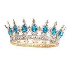 Queen Crown Rhinestone Wedding Crowns and Tiaras for Women Gold Lake Blue