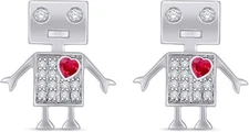 Lovely Robot Stud Earrings Pink Ruby & White Cubic Zirconia Sterling Silver