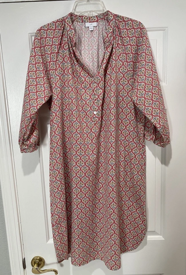 Vestido J.Jill Rosa Floral Flores Algodón Rayón Manga 3/4 Bolsillos en la Rodilla, Talla Pequeña Foto 3 de 4