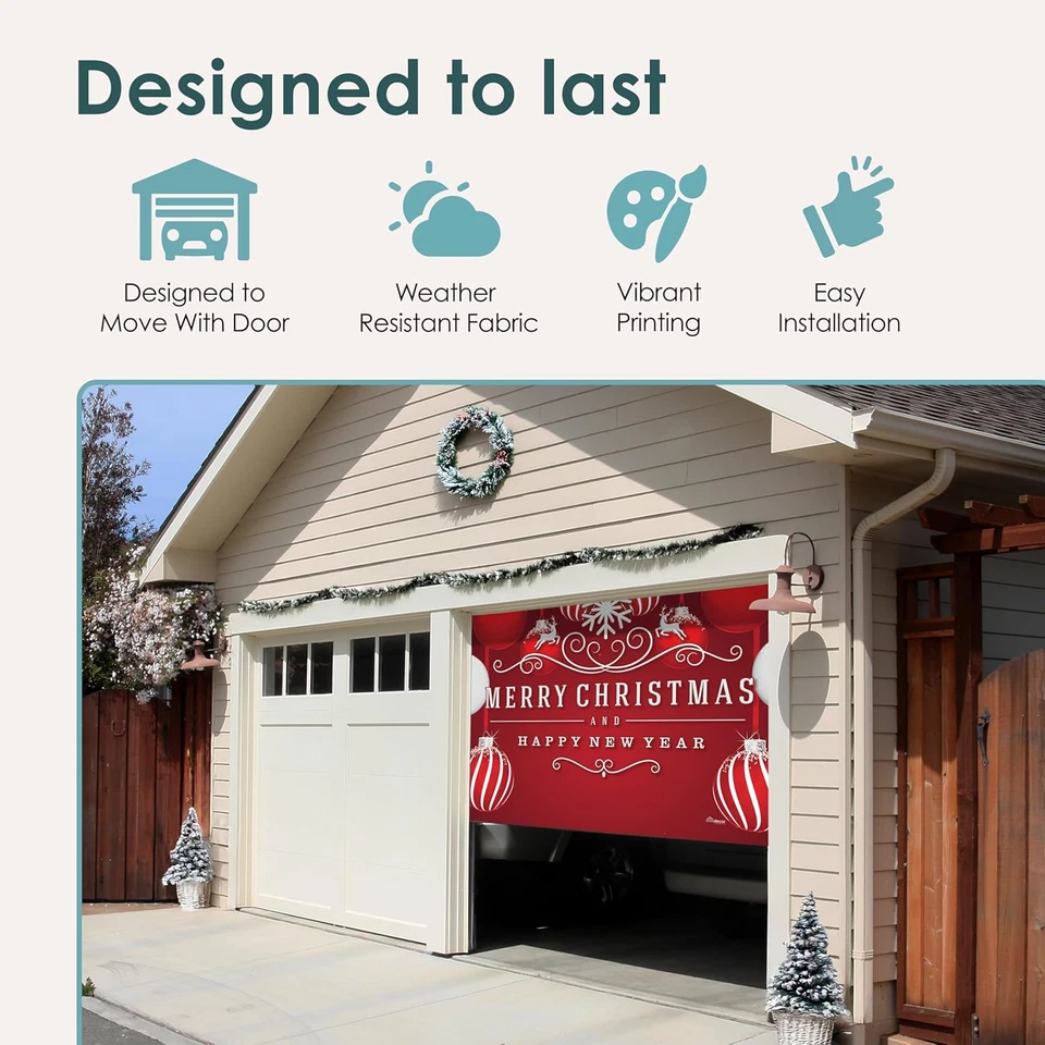 Banner de puerta de garaje de Navidad con adornos rojos y blancos atemporales de 7' X 8' - Diseñado Foto 3 de 4