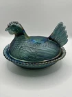 Blue Iridescent Glass Hen on Nest Covered Bowl Carnival Glass Vintage